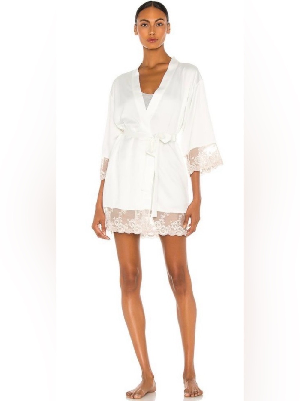 Flora Nikrooz NEW Rosa Kimono Satin Lace Trim Robe in Ivory Size M